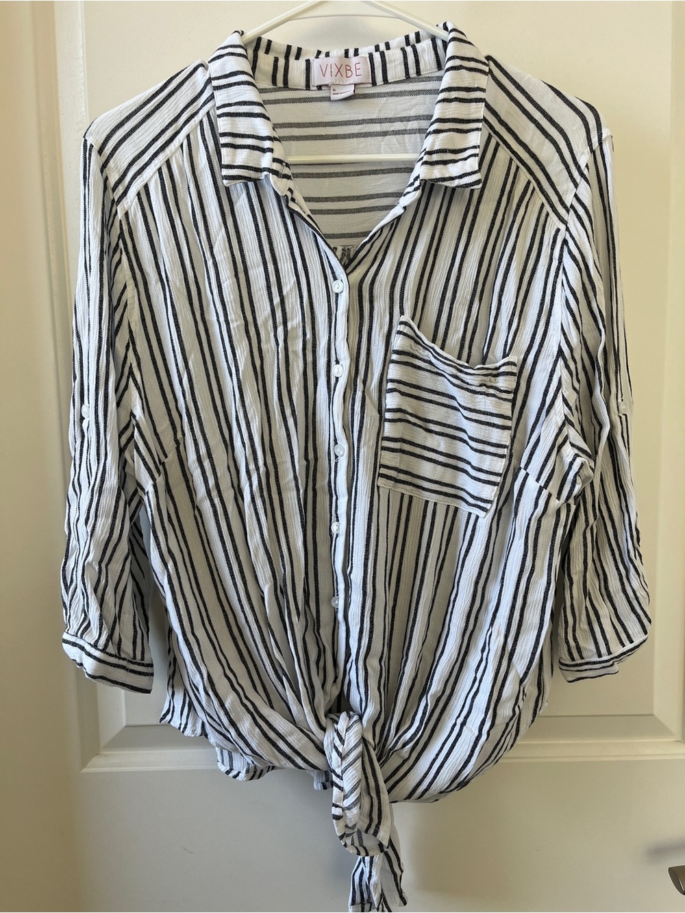 Vixbe White and Black Striped Tie-Front Button Down Shirt